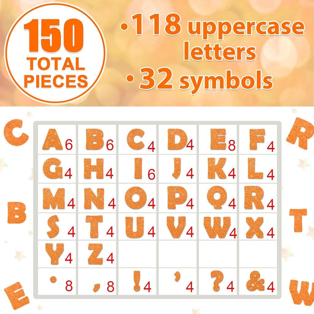 Qyeahkj 150 PCS Large 6" Font Letters and Punctuation Set Glitter Orange Classroom Alphabet Cutouts for Bulletin Board Home School a Great Helper to