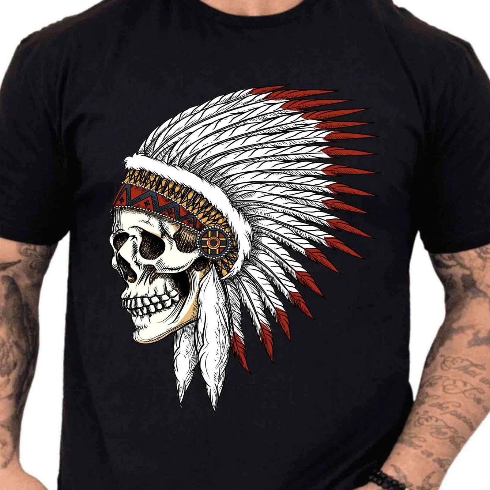 Native Indian Chief Skull T-Shirt Tribal Headdress Biker Gothic Black Tee XS