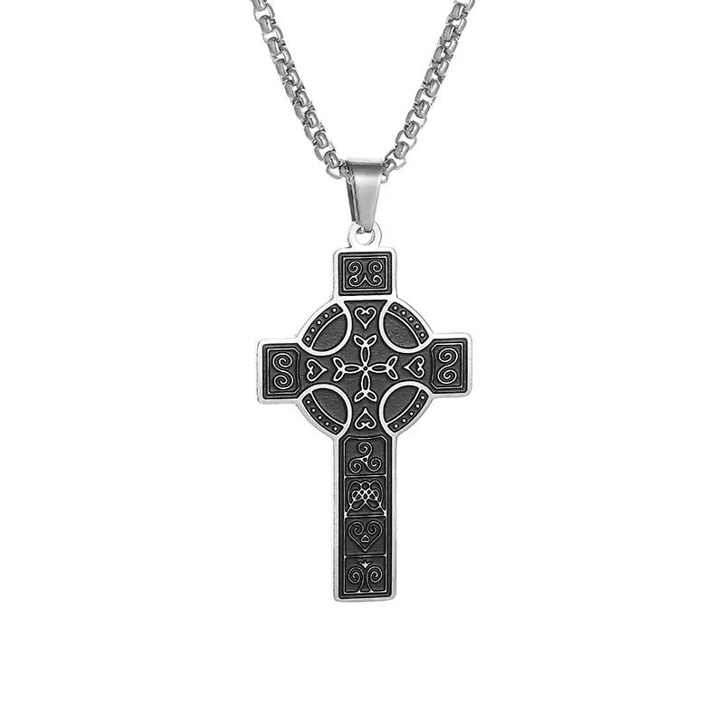 Stainless Steel Irish Celtic Knot Cross Pendant Necklace for Men Women Fashion Lucky Amulet Jewelry