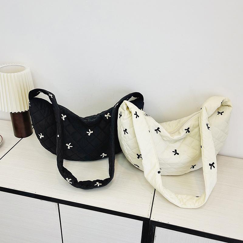 Women Nylon Bow Tie Crescent Crossbody Bag Large Capacity Quilted Dumpling Bag Padding Shoulder Bag Puffy Simple Satchel Bag CLE