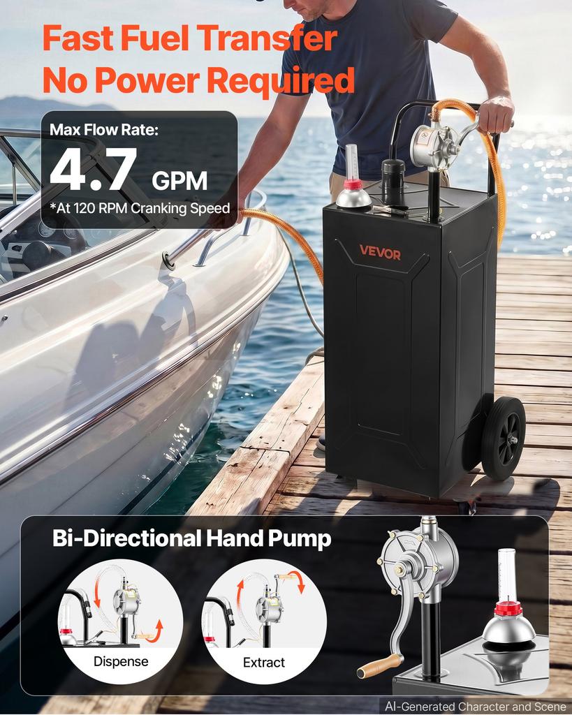 VEVOR 113.6L Fuel Gas Caddy, Carbon Steel, Portable Fuel Transfer Storage Tank with Manual Pump and 2 Wheels, Gasoline Diesel Can Container, for Cars