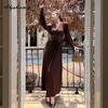 European Style Autumn Winter Women Maxi Long Party Dress V Neck Brown Black Dress+Croset Gorgeous Elegant Feminine Ladies' Gown Dress