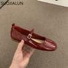 Fashion SUOJIALUN 2024 Spring New Women Flat Shoes Fashion Red Ladies Casual Dress Mary Jane Shoes Soft Sole Round Toe Outdoor Ballerina