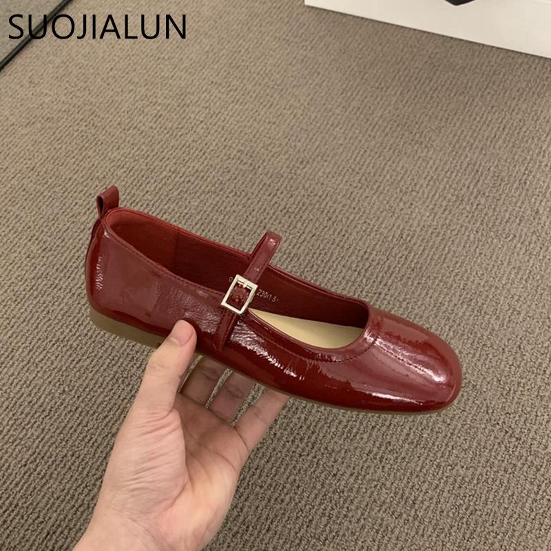 Fashion SUOJIALUN 2024 Spring New Women Flat Shoes Fashion Red Ladies Casual Dress Mary Jane Shoes Soft Sole Round Toe Outdoor Ballerina