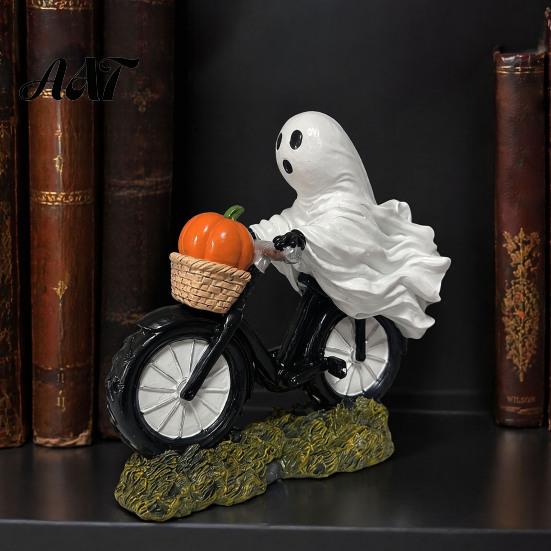 Atmospheric Halloween Home Decor Ghost Riding Motorcycle Figurine, Novelty Rider Resin Statue with Pumpkin for Indoor Desk Tabletop Decorative