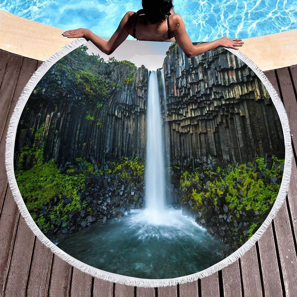 Natural Scenery Waterfall Round Beach Towel, Microfiber Circle Beach Blanket, Sand Free Quick Dry Pool Towel Portable Picnic Mat
