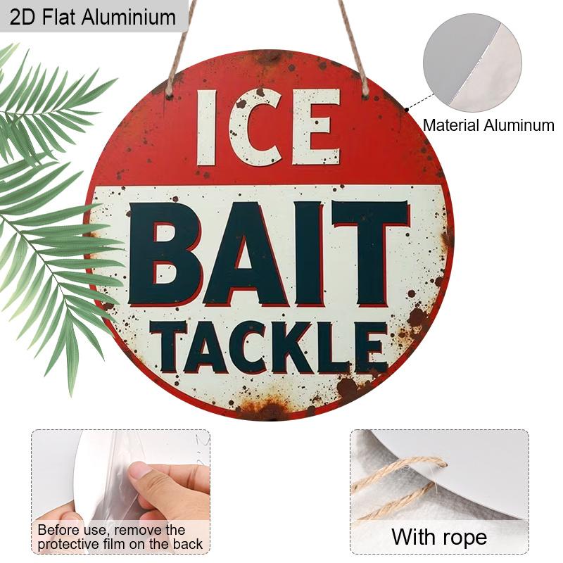 2D Flat Aluminum Rustic Fishing Tackle Shop Billboard Round Metal Sign, Fishing Aluminum Plaque for Man Cave, Garage, Lake House, Pre-Drilled Holes
