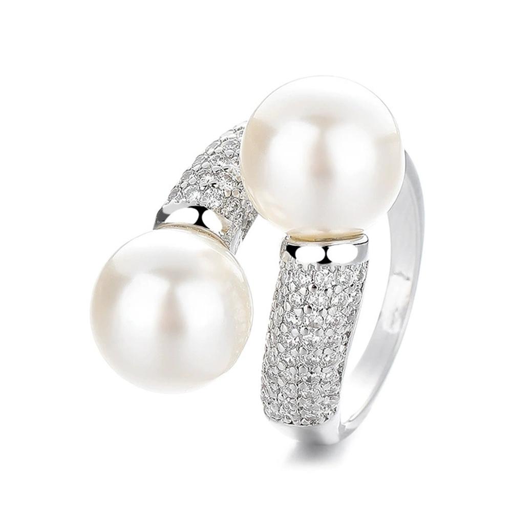 Charm Female White Pearl Zircon Stone Silver Color Wedding Rings Promise Open Adjustable Engagement  For Women