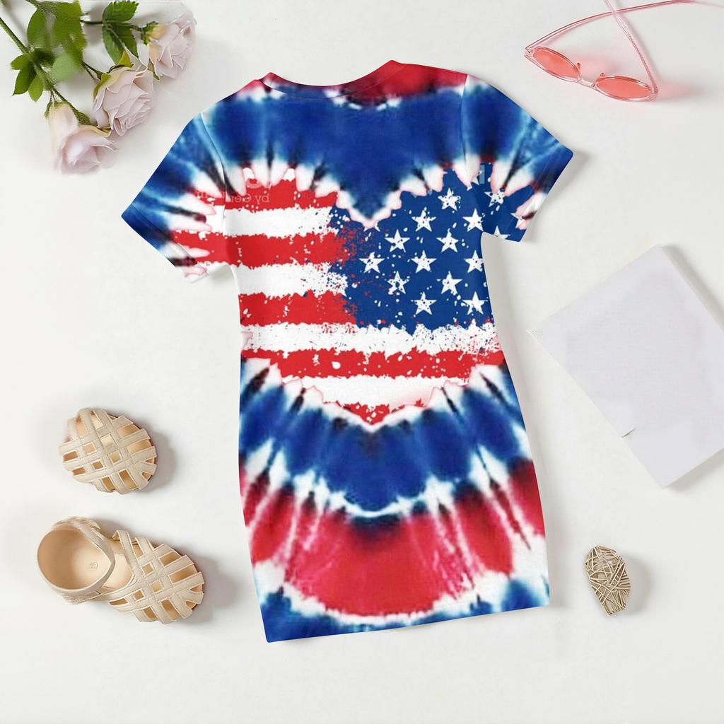 Girls Independence Day Print Casual Dress Kids Loose Round Neck Short Sleeve Thin Sundress