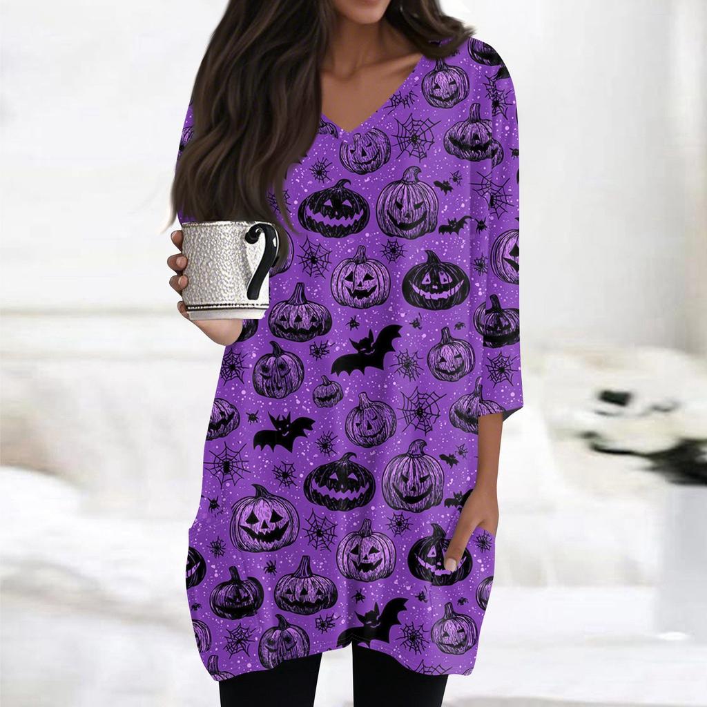 Womens's Fashion Casual Halloween Print V-neck Mid Length Pocket 3/4 Sleeve Top