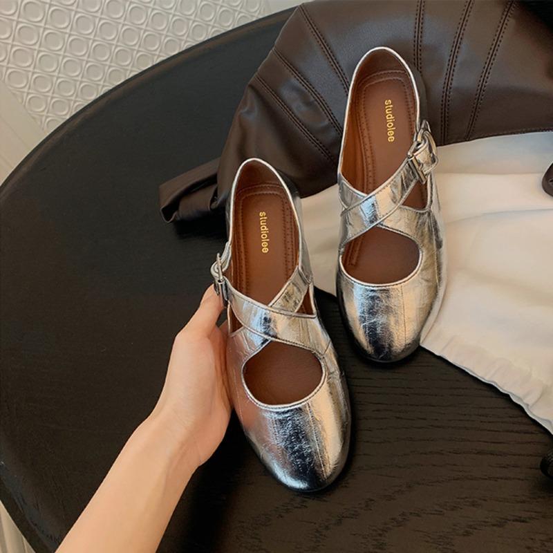 Studiolee Cross Strap Silver Round Head Soft Leather Mary Jane Women's Shoes Light Mouth Flat Shoes