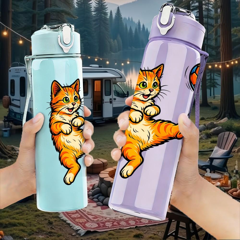 1PC Tabby Cat Playing Soccer Print 750ml Color Plastic Sports Water Bottle Leakproof Flip Straw Lid Suitable for Sports Office Home Use