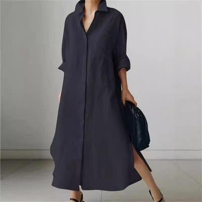 Vestido Largo de Manga Larga con Abertura para Mujer Primavera/Otoño 2024 - Elegante, Versátil, Moderno Color Sólido