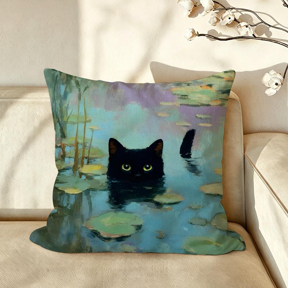 Art Monet WWater Lilies Black Cat Cushion Cover Pillow Case Antidustmite Pillowcase Silky Short Plush Sofa Cushion Cover Hot