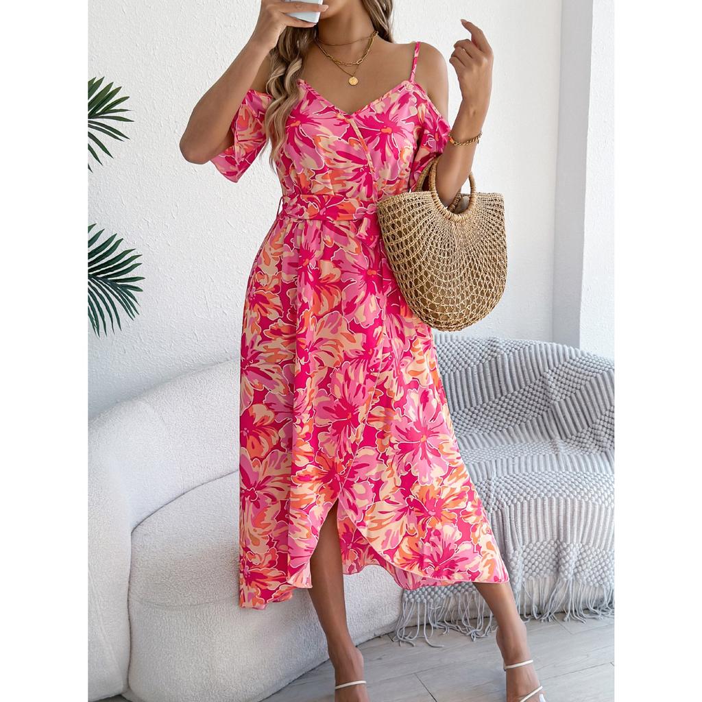 2025 New Fashion Trend Spring Summer Off-the-shoulder Crossover V-Neck Flower Suspendron Maxi Dress Resort Dress Women's
