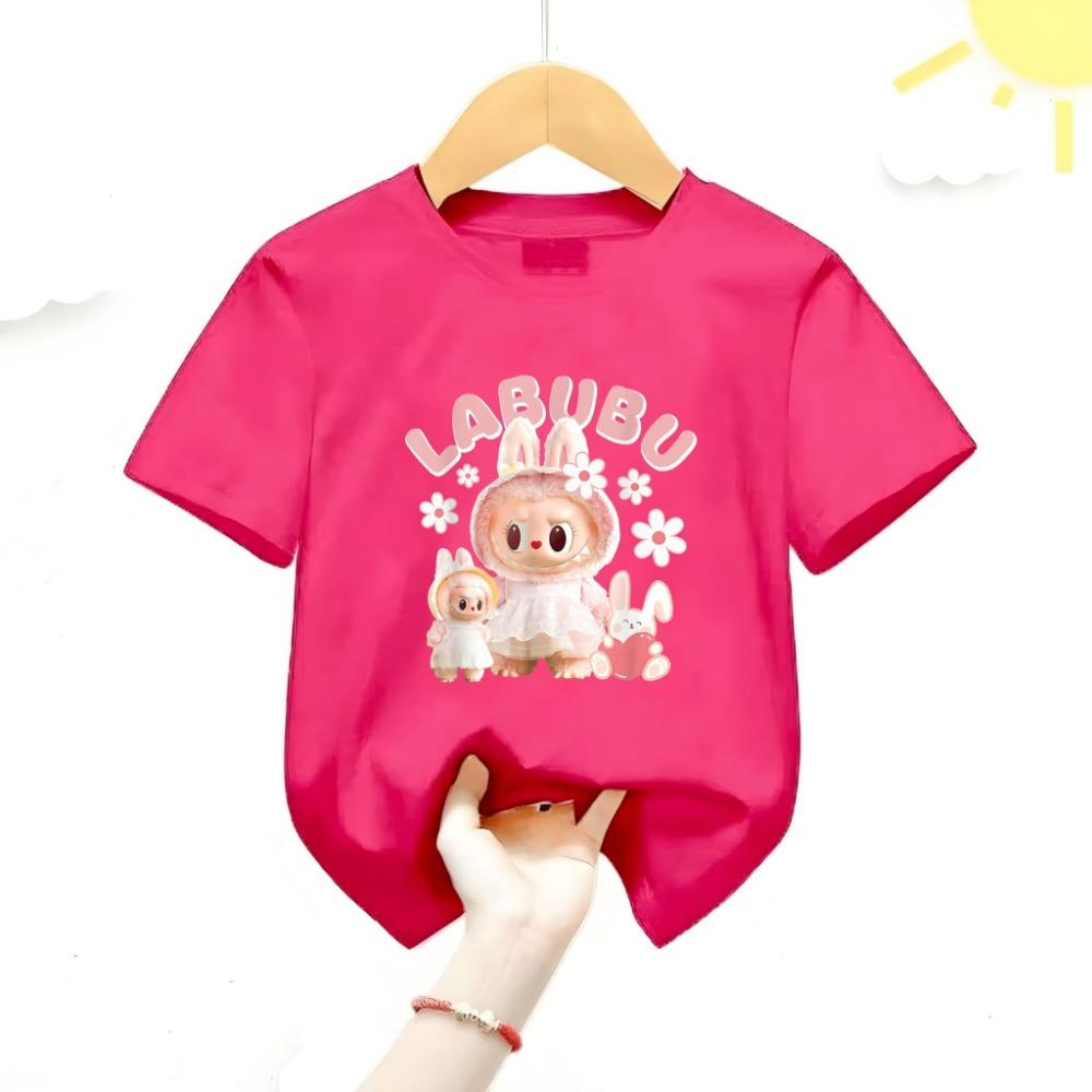 

New Labubu Children s T-shirt Scarf LABUBU Flower and Rabbit Pattern Girl Round Neck Short Sleeve Casual Versatile Clothing 110