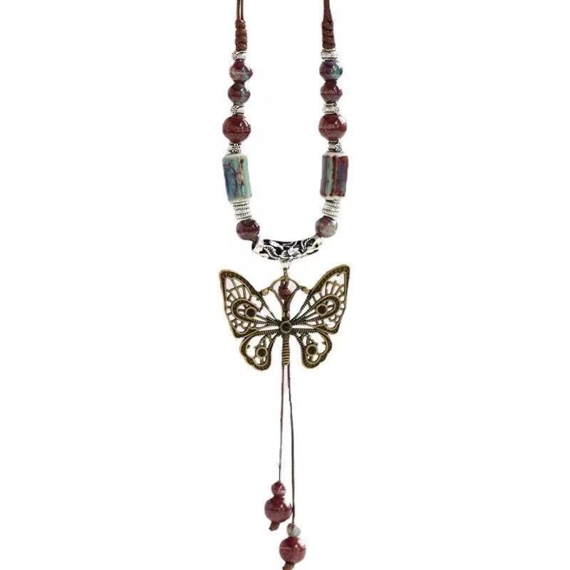 Retro Ethnischer Stil Keramik Schmetterlingsglocke Anhänger Halskette, Lange Cardigan Kette, Accessoires Set