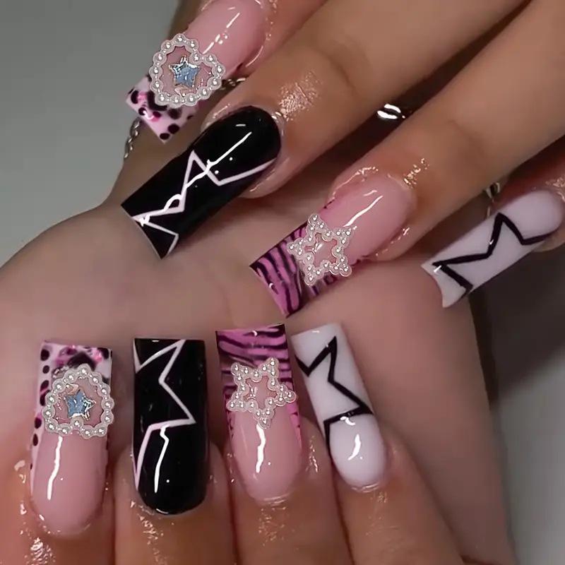 

French Black & White Star Pearl Heart Detachable False Nails