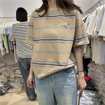 Damenbekleidung Amerikanisch Schönes Kontraststreifen Kurzarm T-Shirt Sommer Locker Lässig Vielseitiges Modeoberteil