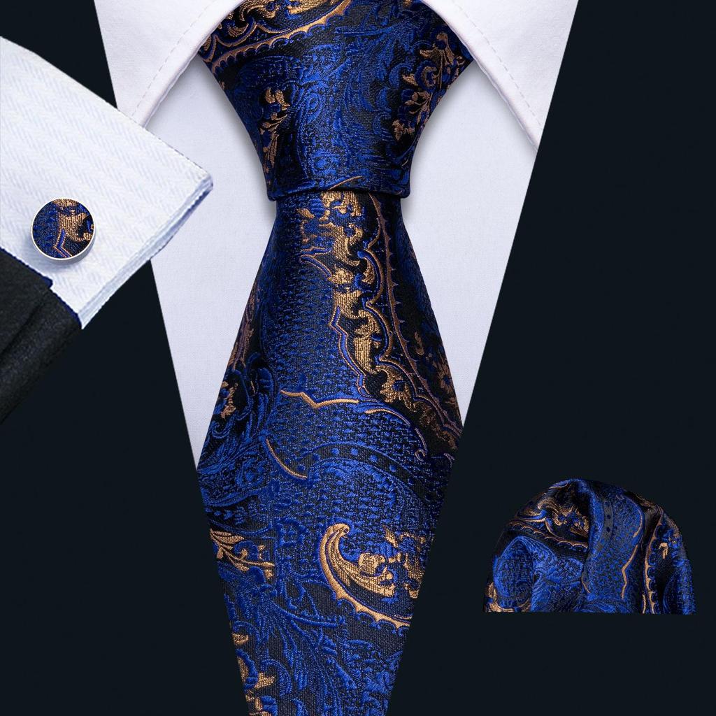 Barry Wang Formal Mens Paisley Silk Tie Set Mens Necktie Pocket Square Cufflinks Wedding