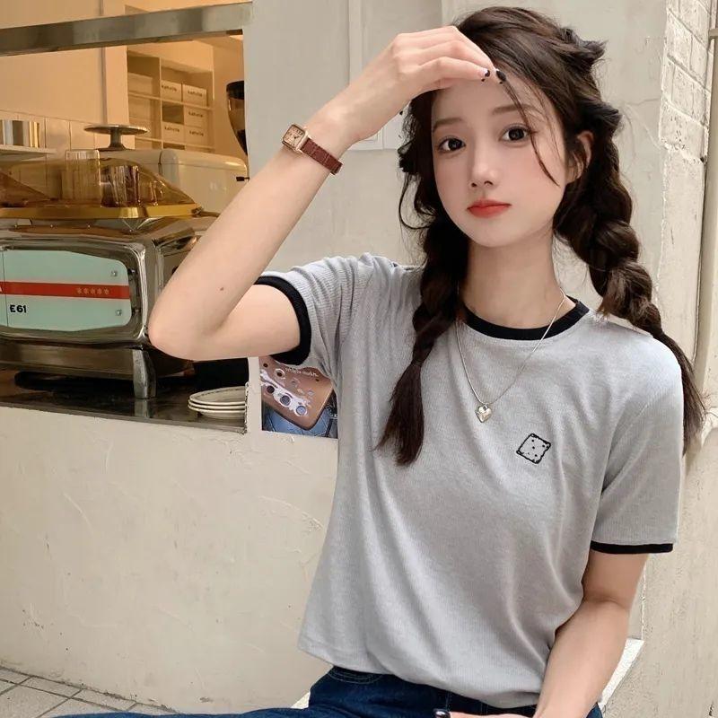 WTEMPO Branded Summer Women's Fashion Trend Clashing Trim Embroidered Short Sleeve T-shirt with Design Niche Round Neck Elasticated Tops