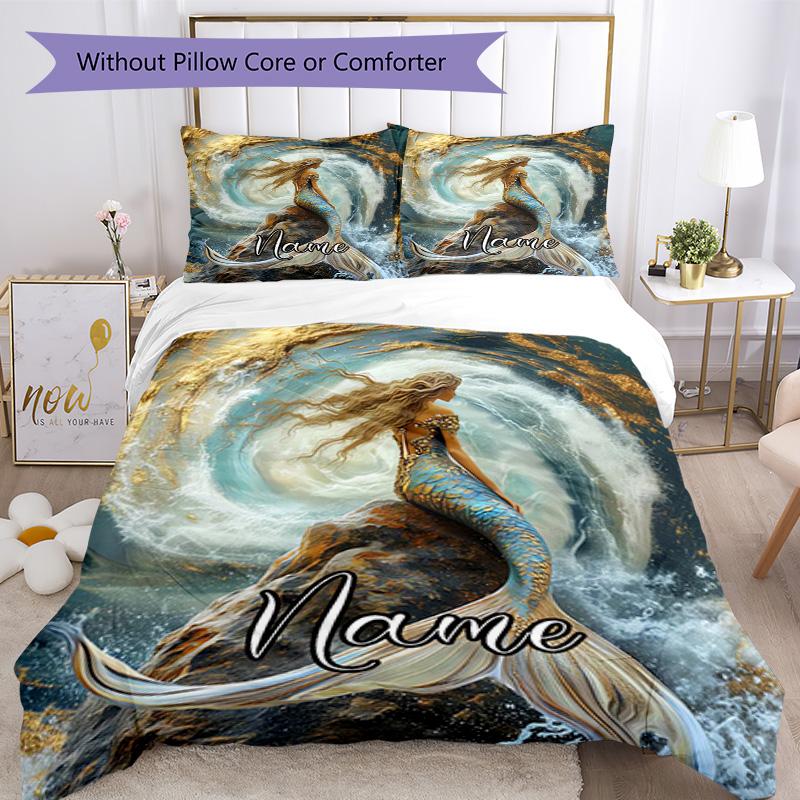 Mermaid Customize Your Name Bedding Set Breathable Duvet Cover With Pillowcases Decorative Bed Linen For Bedroom Home Decoration Birthday Gift