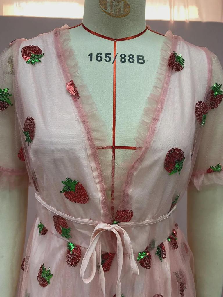 French Strawberry Sequin Pleated Dress with Mesh Straps - Summer Long Skirt, Two-Tone Design, 25 Options (LS8265)