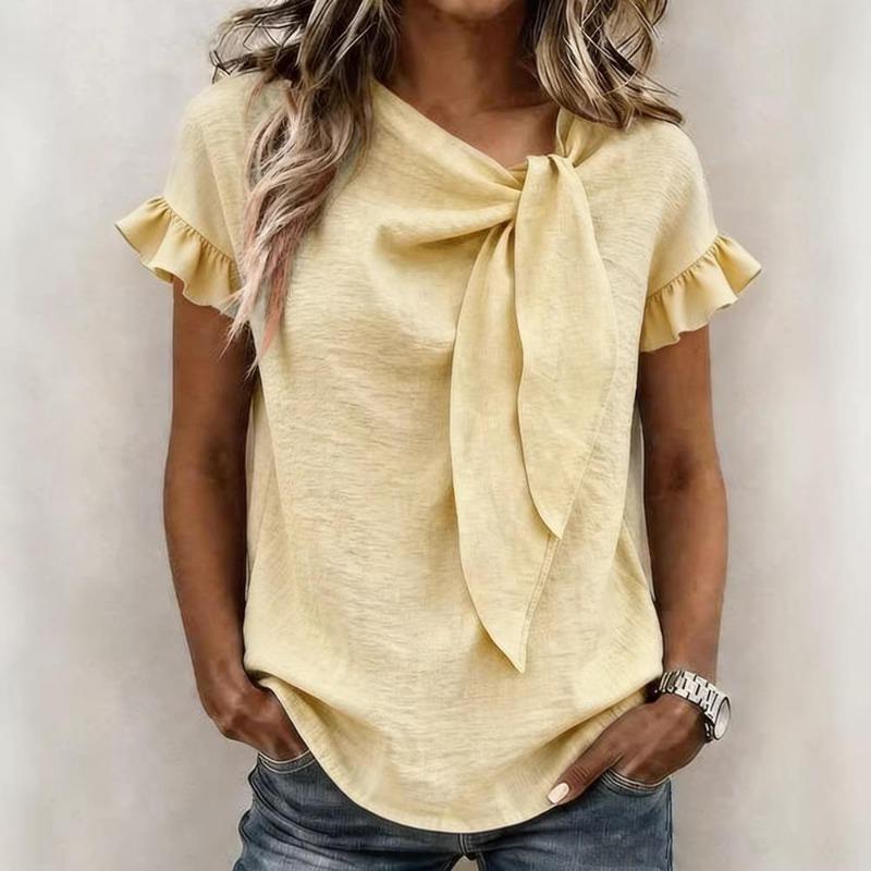 Womens Casual Solid Color Round Neck Short Sleeve Bow Knot T Shirt