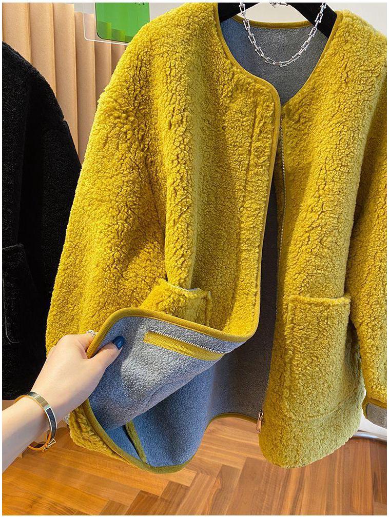 Women's Winter 2025 Soft Yellow Lambswool Coat - Loose, Thick, and Fluffy