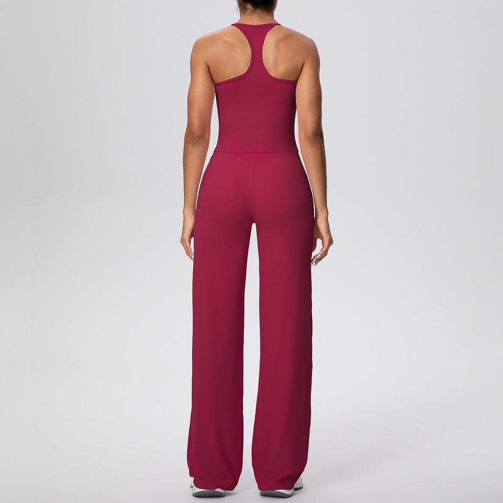 Solid Color Racerback Tank & High Waist Wide-Leg Yoga Pants Fitness Set