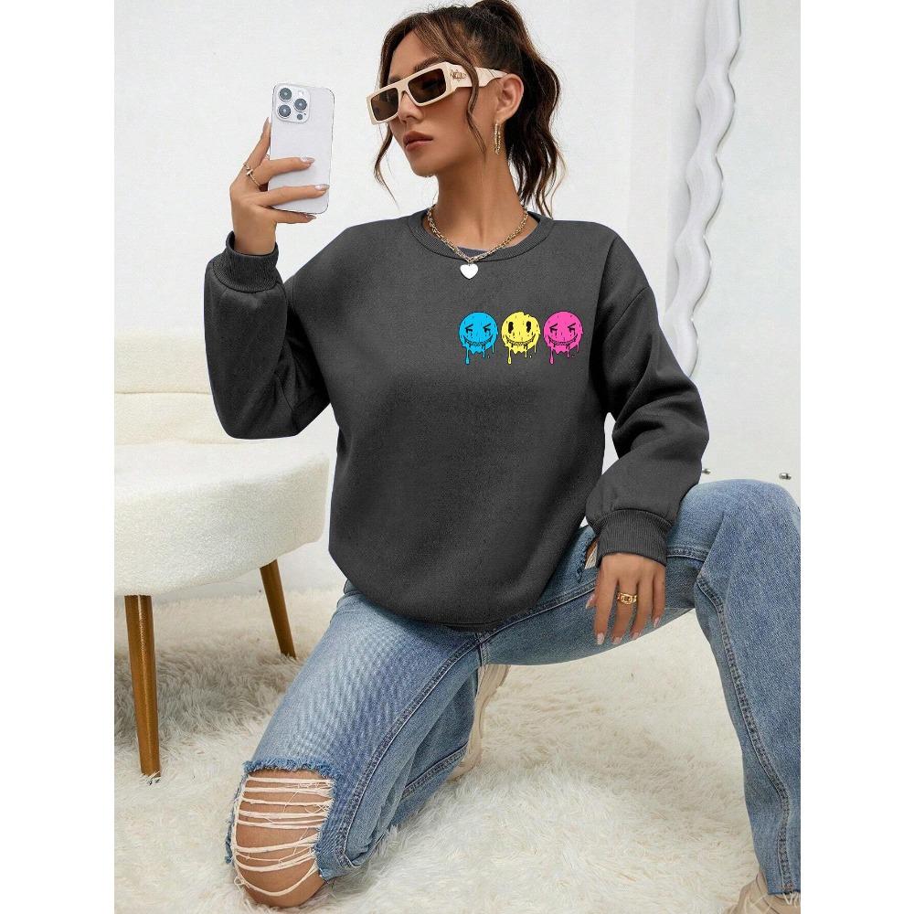 Zabawna bluza damska z nadrukiem uśmiechniętej twarzy jesienna S-4XL dres proste wygodne topy codzienne ciepłe ubrania kobiety