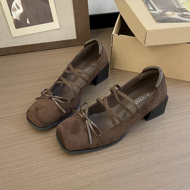 French Cross-strap Mary Jane Shoes Female Gentle Lady Thick Heel Square Head Light Mouth Bow Small Leather Shoes Retro Single Shoes