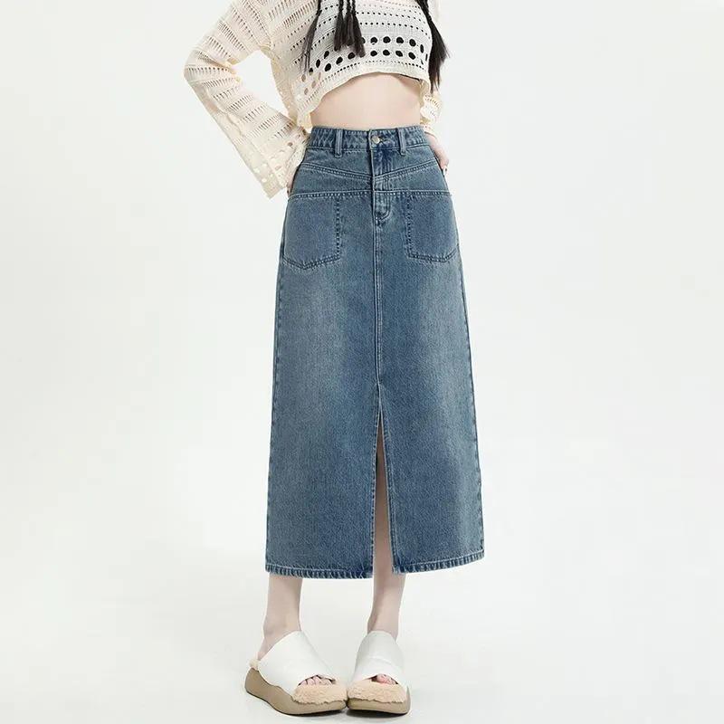 European Retro Korean Style High Waist Denim Midi Skirt - Slimming Slit Design for Spring and Autumn