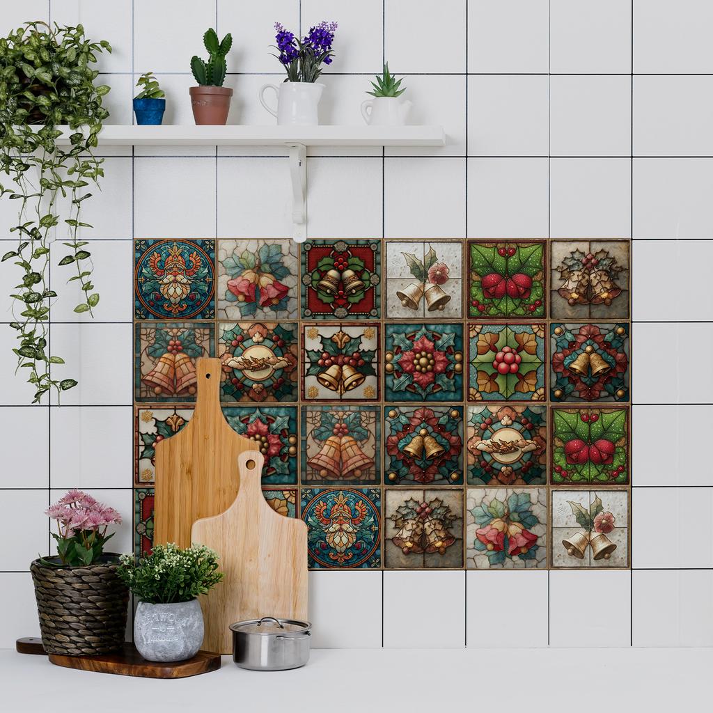 24pz Elementi Natalizi Classici Vintage Adesivi Piastrelle Ceramiche Bagno Cucina Soggiorno Autoadesivi Decorativi