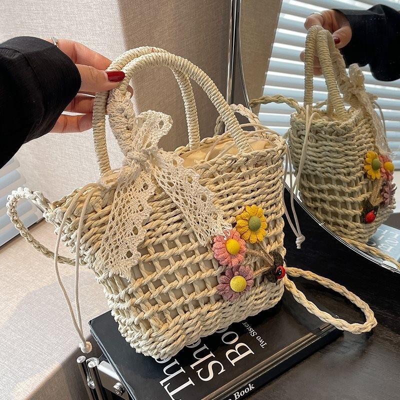 Chic Handcrafted Woven Bag Stylish Rattan Tote With Floral Print And Scarf