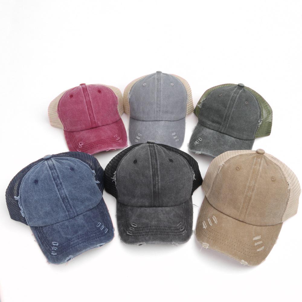 Women's Washed Cotton Ponytail Baseball Cap - Ripped, Breathable Mesh Sun Hat for Outdoor Sports