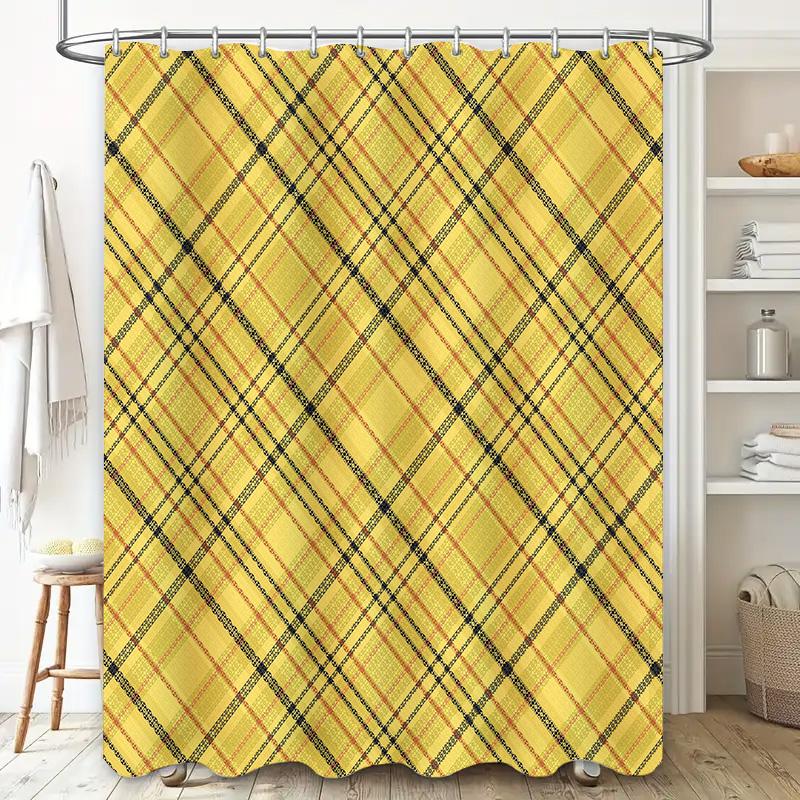 Orange Blue Plaid Shower Curtain Bath Mat Decorative Modern Waterproof Textured Washroom Rug Perfect For Home Decoration Bathroo