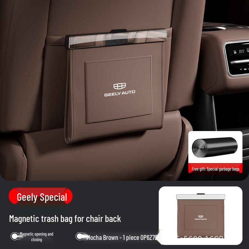 Geely Car Trash Bag w/ Magnetic Backrest Mount, Waterproof Leather for Cleaning & Storage