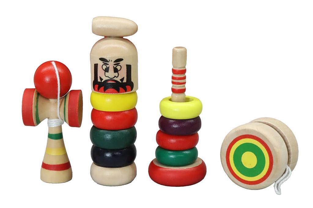Miniaturní japonská tradiční dřevěná hračka Sada 4 kusů Darumy a (1 Wanage, Kendama, Otoshi, Yo-yo)