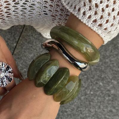 Vintage Boho Punk Green Thick Resin Acrylic Smudging Bangles Geometric Irregular Bangle Bracelets For Women Men Jewelry