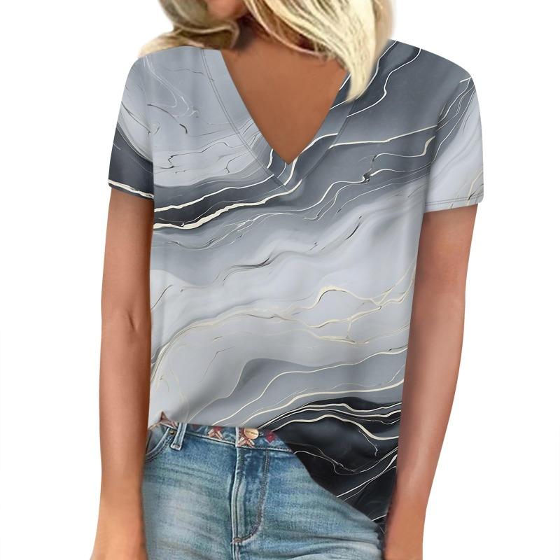 T-shirt women's summer leisure elegant v-neck short sleeves gradient texture pattern top loose casual wear ladies T-shirt