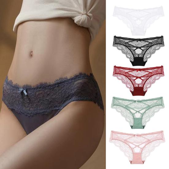 Sexy Underwear for Women Seamless Hipster Sheer Mesh Lace Panties Low Waist V-Back Strappy Criss Cross Briefs