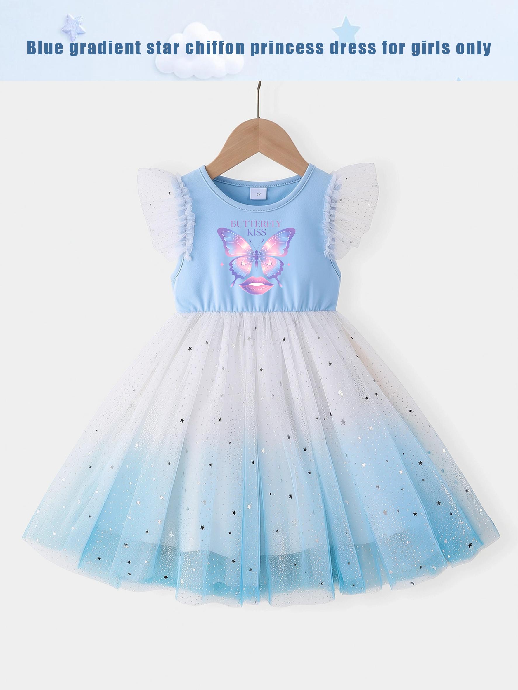 Girls Print Flutter Sleeve Dress, Blue Gradient Star Tulle Casual Princess Tutu Gown 4Y синий
