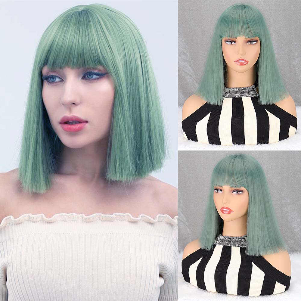 MISS WIG Natural Wine Red Synthetic Fiber Wigs Short Straight Wig with Bangs  Wig Cosplay Daily Use Hair for Wome