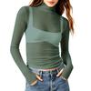 Women Sheer Mesh Polka Dot Long Sleeve Top Slim Fit Semi High Neck Stretchy Transparent T-Shirt Layering Base Shirt