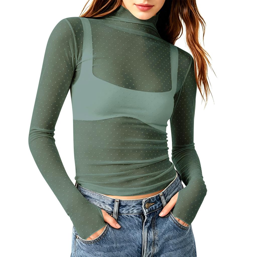 Women Sheer Mesh Polka Dot Long Sleeve Top Slim Fit Semi High Neck Stretchy Transparent T-Shirt Layering Base Shirt