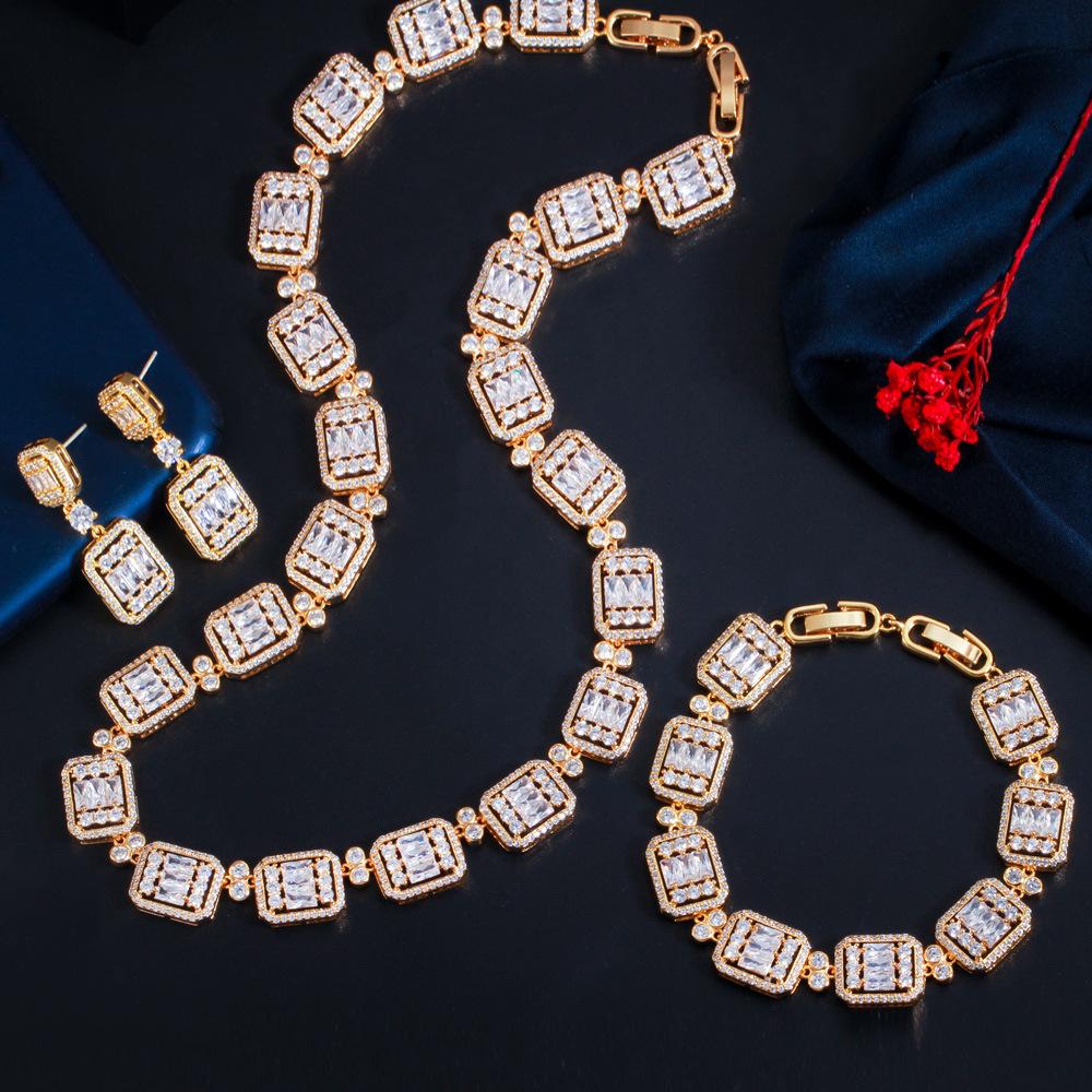 Copper Earrings Bracelet Necklace Set Jewelry Wedding Dinner Party Zircon Set Chain