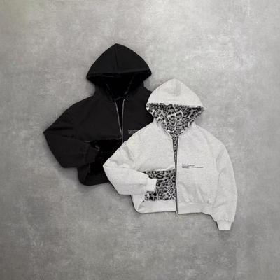 Women's Zip-Up Hooded Jacket with Leopard Print Lining, Available In Light Gray and Black Color Options