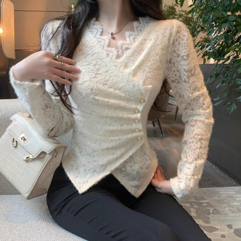 

Бархатистый топ-базовый слой с V-образным вырезом и вязаным крючком кружевом для женского осеннего французского стиля с плиссированной талией XL