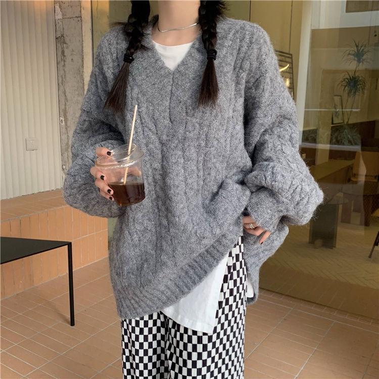 2025 Women's V-Neck Cable Knit Sweater - Autumn/Winter Loose-Fit, Warm, Niche Design